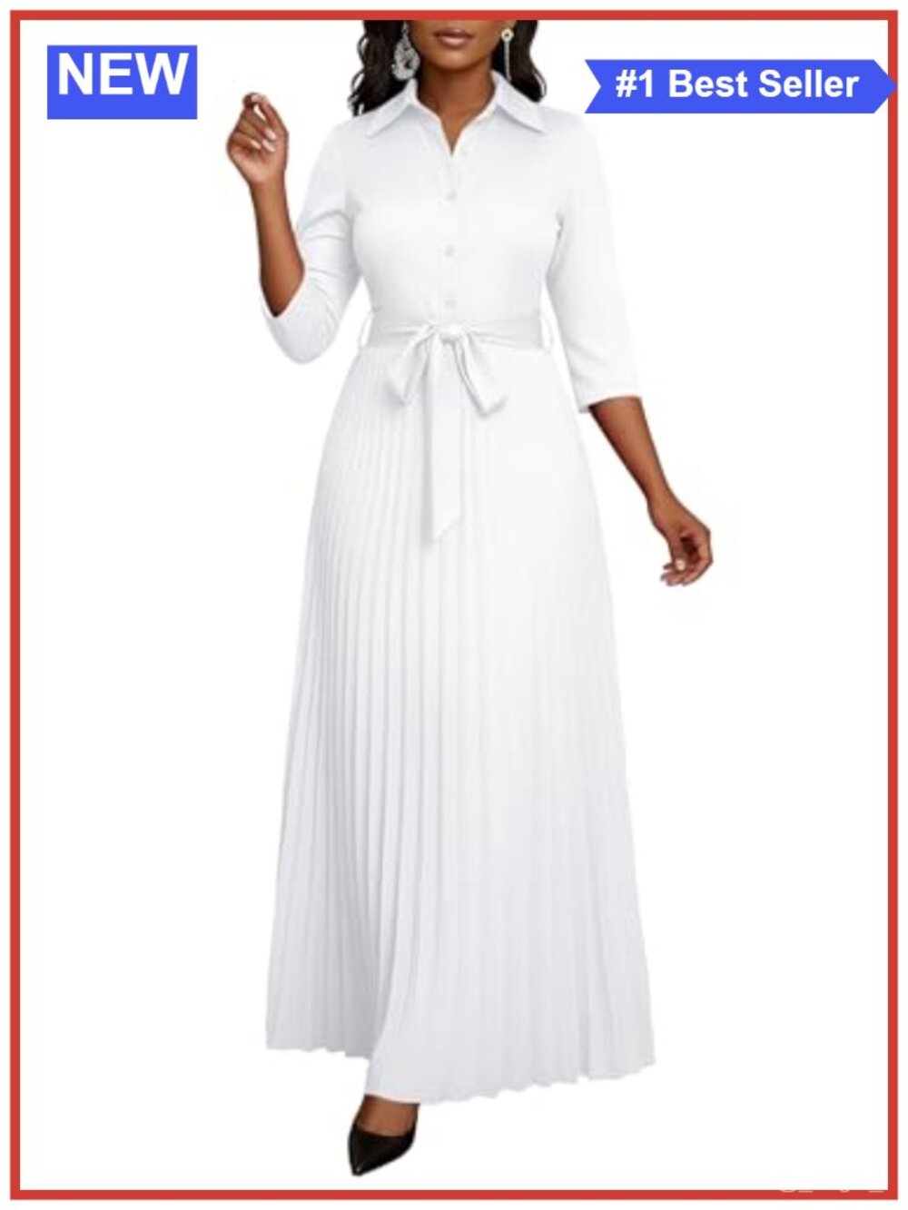 Women's Maxi Dress 3/4 Sleeve Button Down Pleated Church Work Dress - Picture 3 of 6